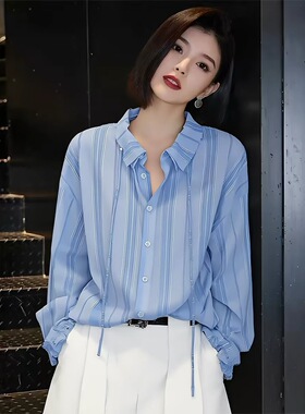 法式轻奢设计感条纹衬衫女2026春季新款长袖宽松显瘦防晒上衣蓝色