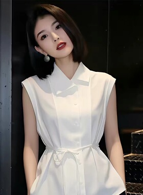轻熟优雅风白色无袖衬衫女2026夏季新款翻领收腰系带设计气质上衣