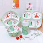 卡通恐龙儿童餐具套装 家用分格餐盘宝宝辅食碗水杯勺叉幼儿园饭盘