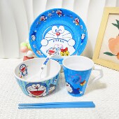 卡通叮当机器猫儿童碗餐具套装 带把手碗杯宝宝辅食碗一套防摔无毒