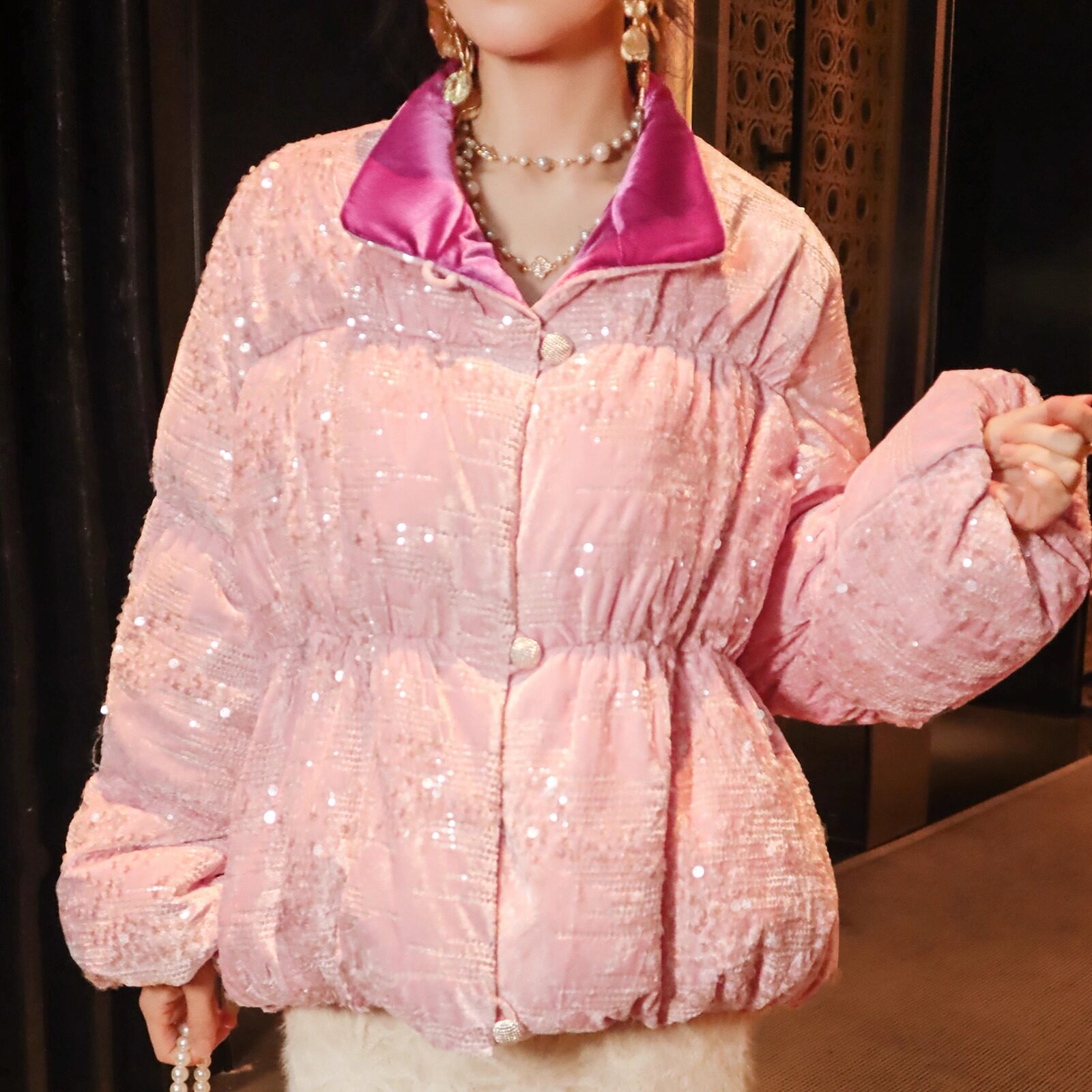 蜜粉色高级新中式90白鸭绒羽绒服