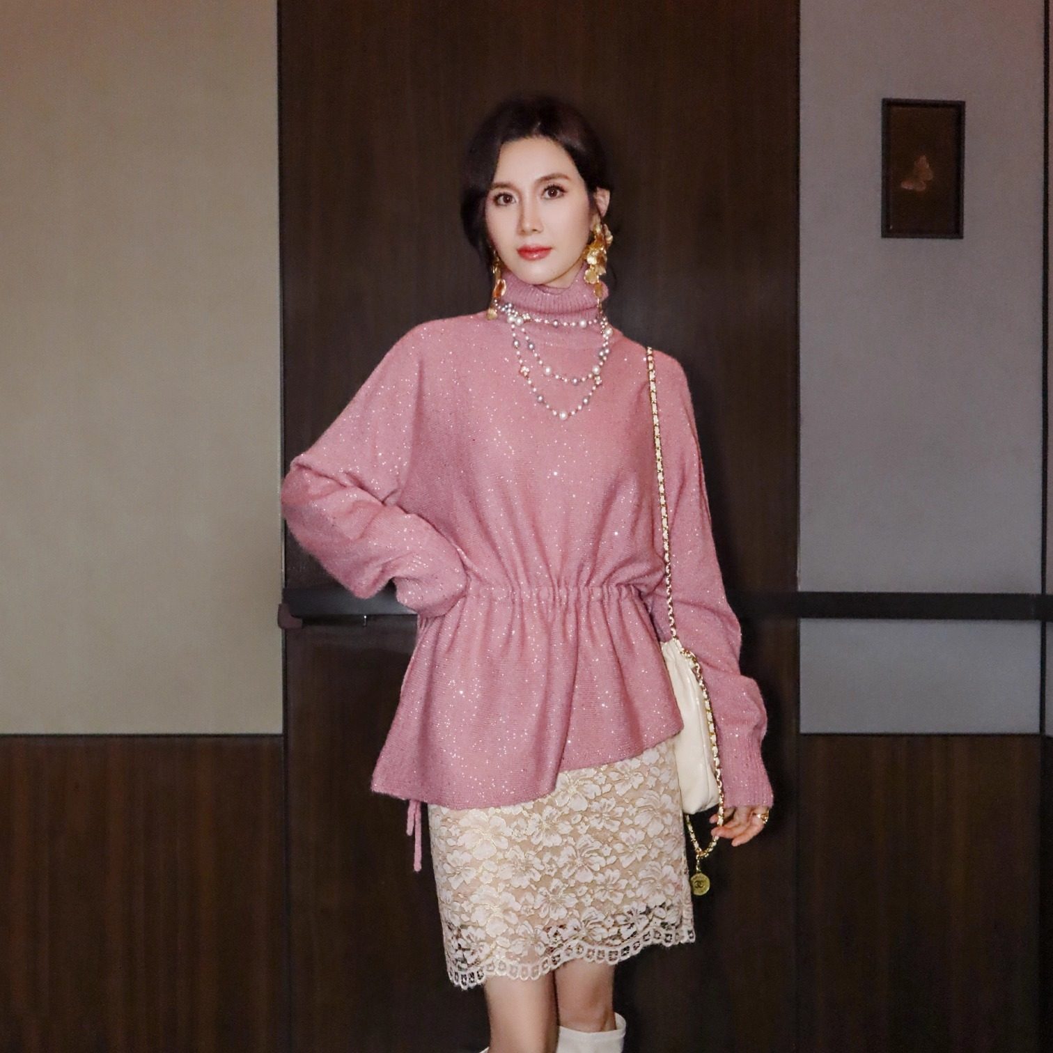 千金名媛风云霞粉珠片羊毛毛衣女