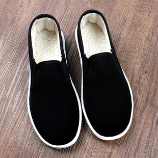 冬季新款老北京布鞋男加绒保暖手工牛筋底加厚棉鞋软底防滑一脚蹬