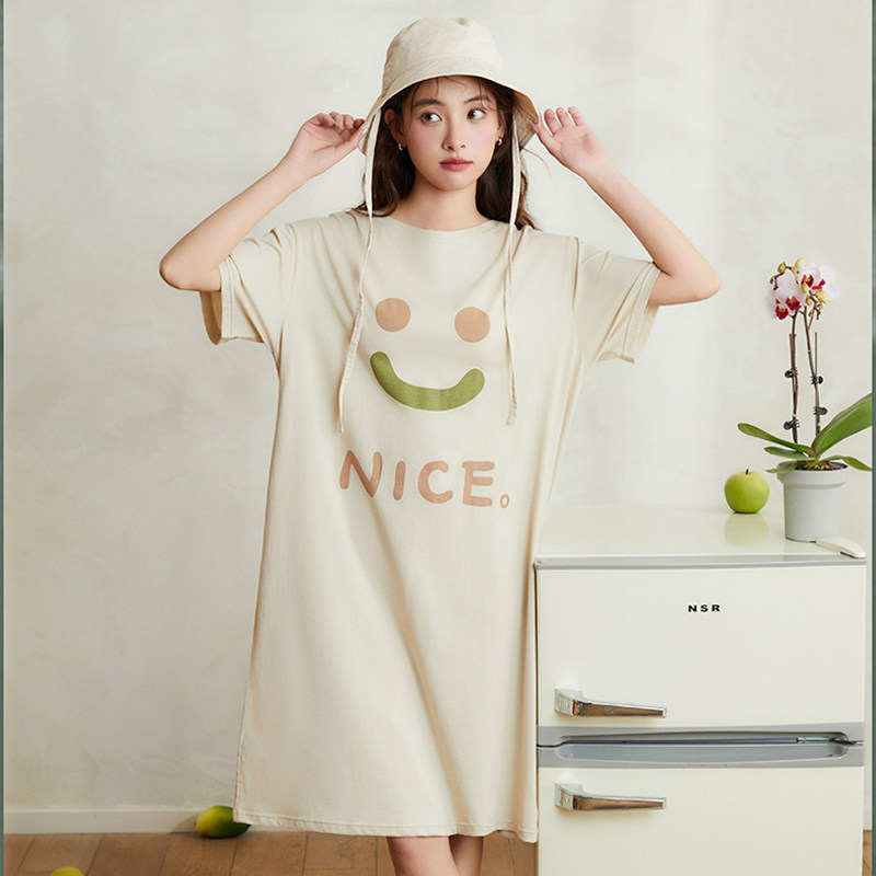 大笑脸居家长裙夏款修身T恤裙纯棉短袖连衣裙过膝睡裙可外穿防螨