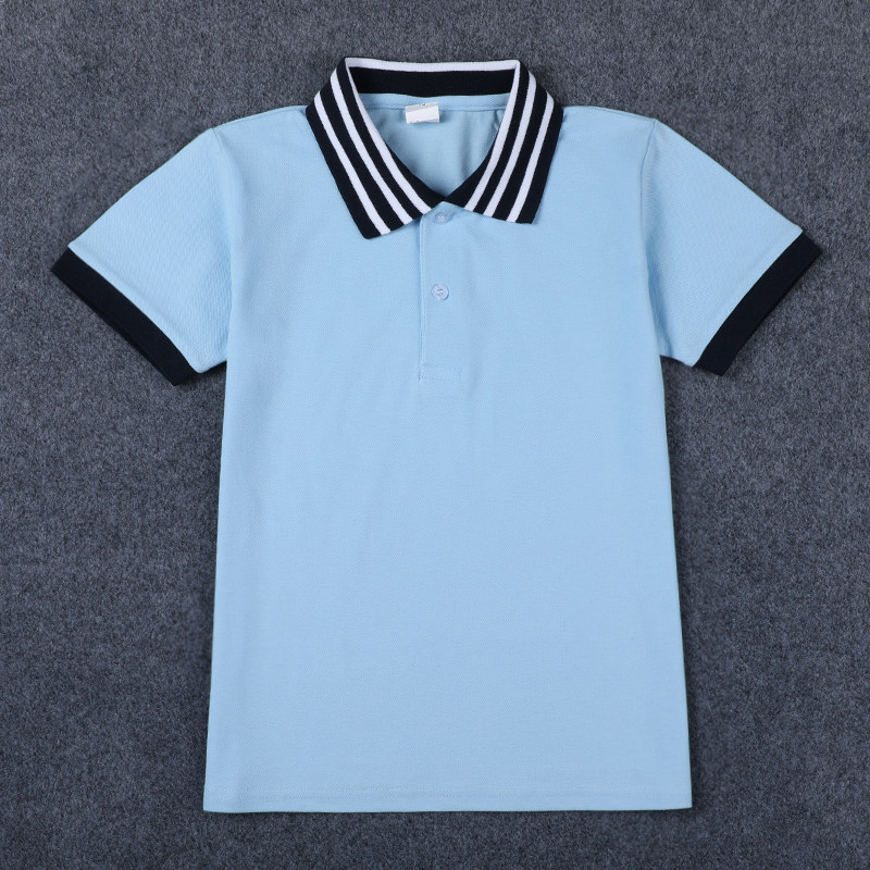 夏装儿童校服短袖polo衫浅蓝色三杠领半袖t恤男女童学院园服上衣