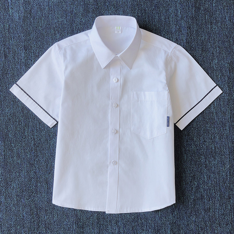 男童白衬衫短袖夏季薄款中小学生校服黑边条演出礼服纯棉白色衬衣