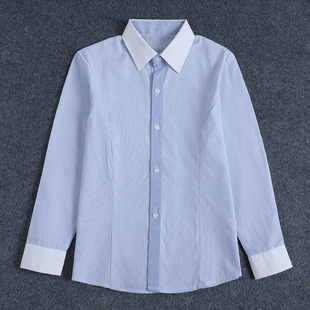 女童白领条纹长袖衬衫童装蓝白细条礼服上衣中大童小学生校服衬衣