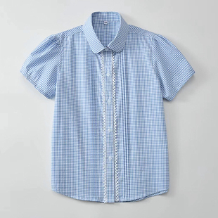 男童女童短袖衬衫浅蓝小方格子衬衣休闲中小学生夏季薄款校服上衣