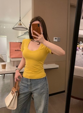 VASSE wan美好身材 bi囤显瘦黄色正肩短袖基础方U领百搭T恤上衣夏