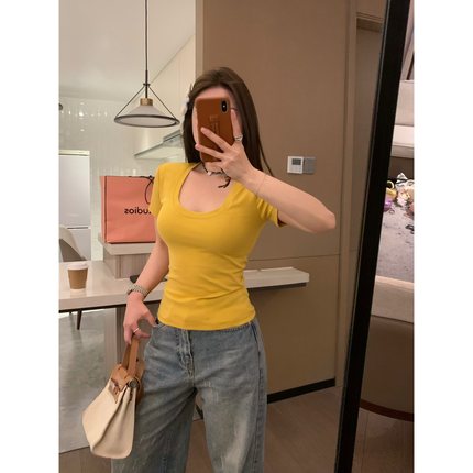 VASSE wan美好身材 bi囤显瘦黄色正肩短袖基础方U领百搭T恤上衣夏