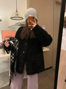 VASSE 黑色咩咩 加厚秋冬宽松韩系慵懒感30羊羔毛皮毛一体外套女