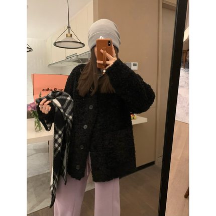 VASSE 黑色咩咩 加厚秋冬宽松韩系慵懒感30羊羔毛皮毛一体外套女