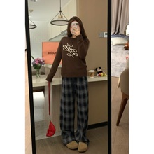 VASSE 冰岛灰蓝调 松弛感显瘦高腰松紧毛呢格子裤百搭休闲格纹裤