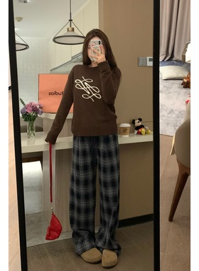 VASSE 冰岛灰蓝调 松弛感显瘦高腰松紧毛呢格子裤百搭休闲格纹裤