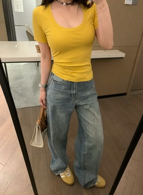 VASSE 经典90S 复古水洗显瘦慵懒高腰阔腿做旧牛仔裤直筒休闲裤