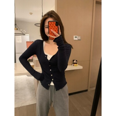 密拷木耳边坑条显瘦修身开衫