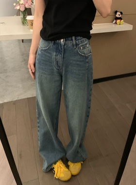 VASSE 基调单宁 复古牛仔蓝柔软显瘦高腰直筒阔腿休闲韩系牛仔裤