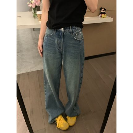 VASSE 基调单宁 复古牛仔蓝柔软显瘦高腰直筒阔腿休闲韩系牛仔裤