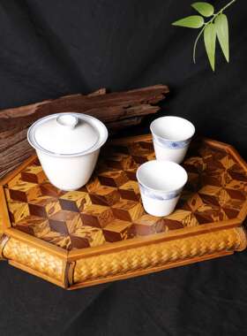 天然竹编手工大漆八边形立体纹干泡盘茶台创意摆件家居装饰茶器