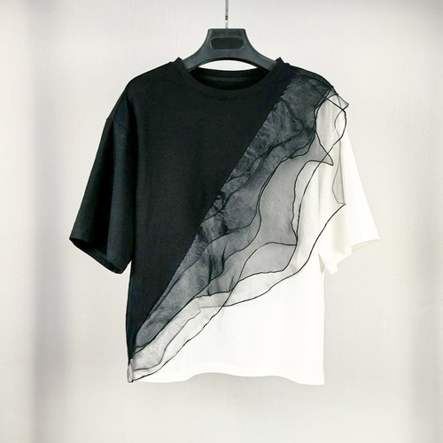 气质时尚撞色拼接棉短袖T恤上衣