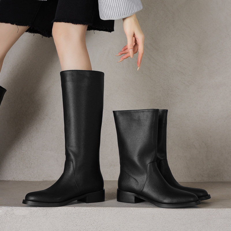 两种筒高极简风全牛皮烟筒靴2025粗中跟圆头真皮套筒中高筒长靴女