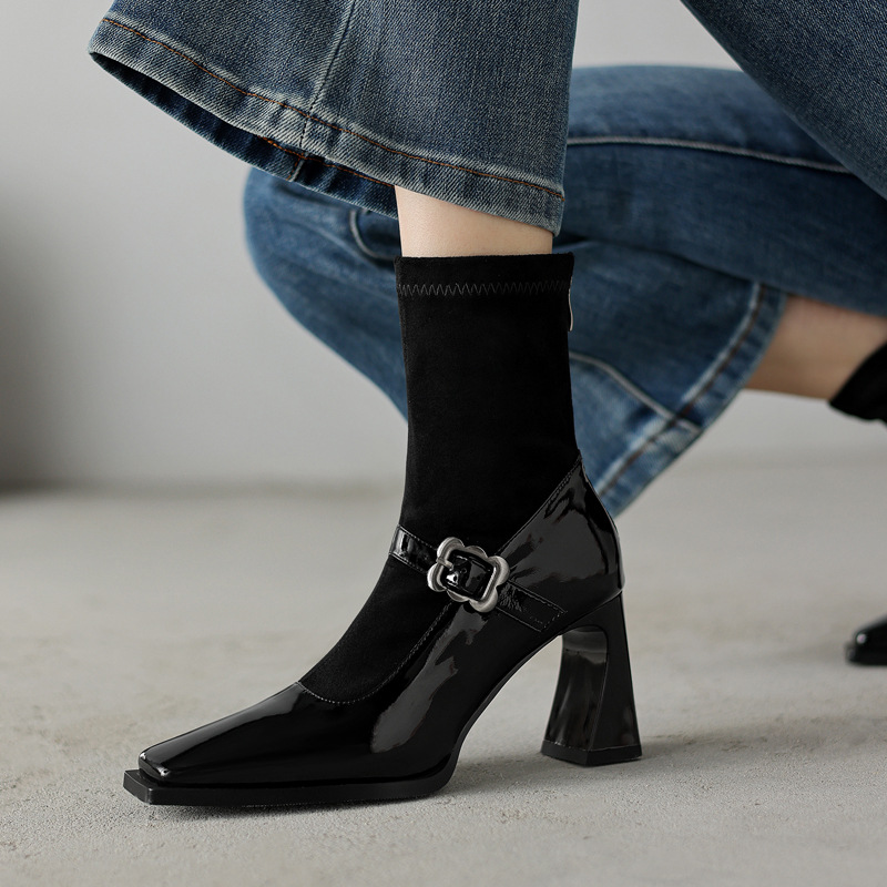 配裙子超美~金属扣玛丽珍瘦瘦靴2025粗高跟方头牛漆皮绒面短靴女