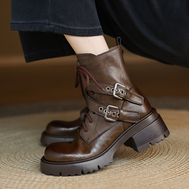 洋气百搭不累脚增高厚底皮带扣牛皮马丁靴2025冬粗高跟系带短靴女