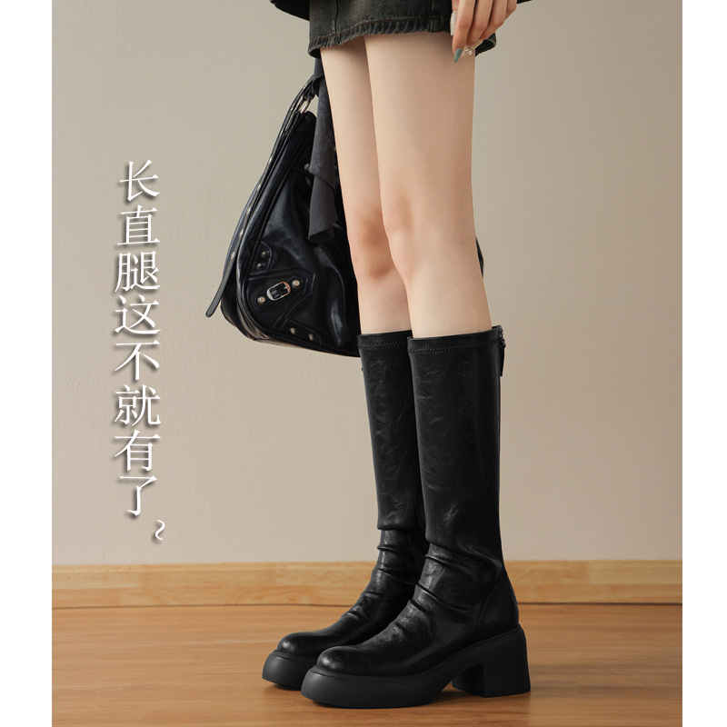 美腿利器长直腿增高厚底2025秋季粗高跟小筒围弹力包腿高筒长靴女