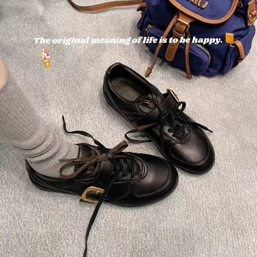 牛皮葡萄ma同款复古双鞋带皮带扣羊皮圆头百搭休闲德训鞋女小皮鞋