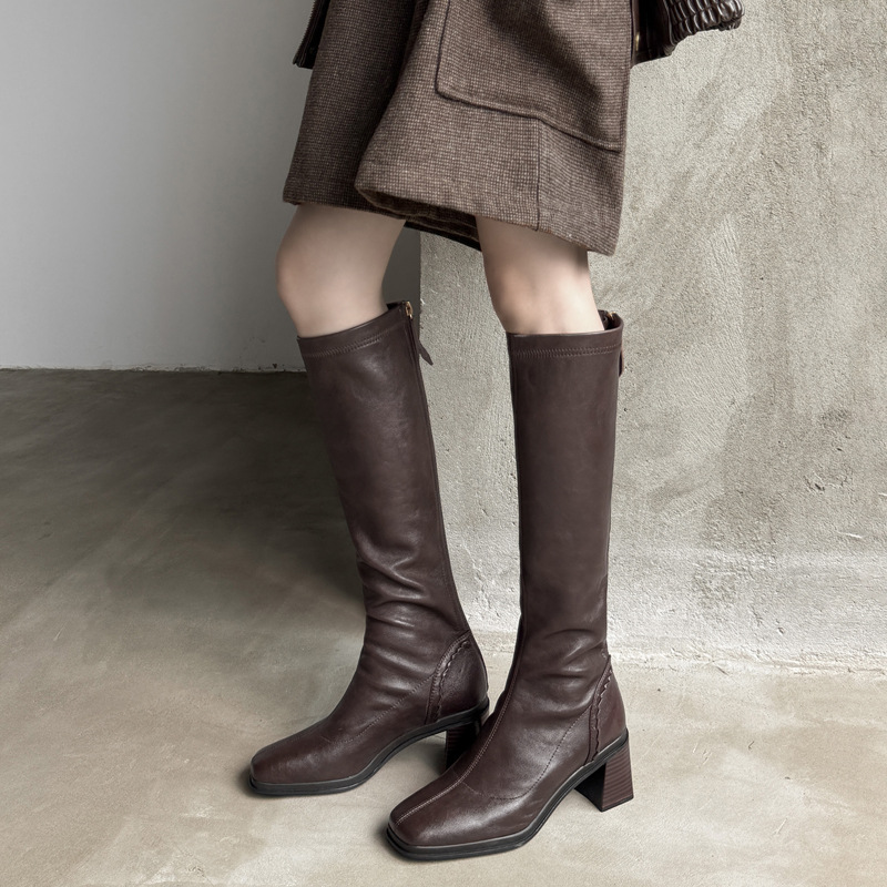 静音底显瘦小筒围高筒靴2025秋冬粗跟高跟方头羊皮弹力包腿长靴女