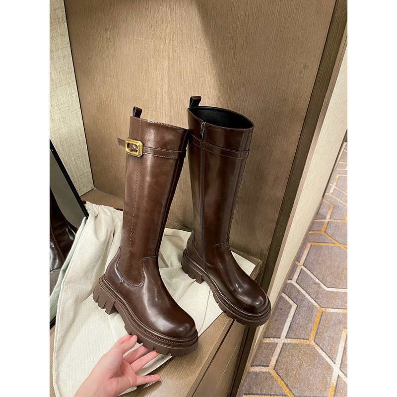 牛皮版厚底长筒靴女2025秋冬新款棕色真皮长靴粗跟小金扣骑士靴子