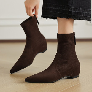 显瘦秀气尖头内增高绒面瘦瘦靴2025秋冬中跟弹力短靴女大小码可退