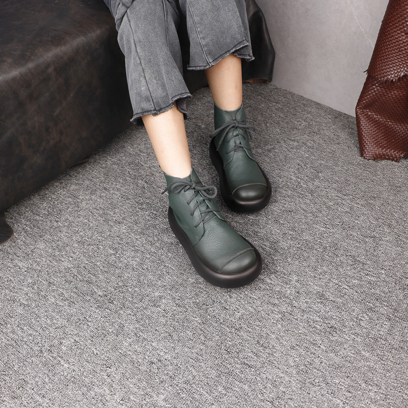 头层牛皮真皮女鞋秋冬新款厚底耐磨英伦风防滑系带女士短靴可跨境