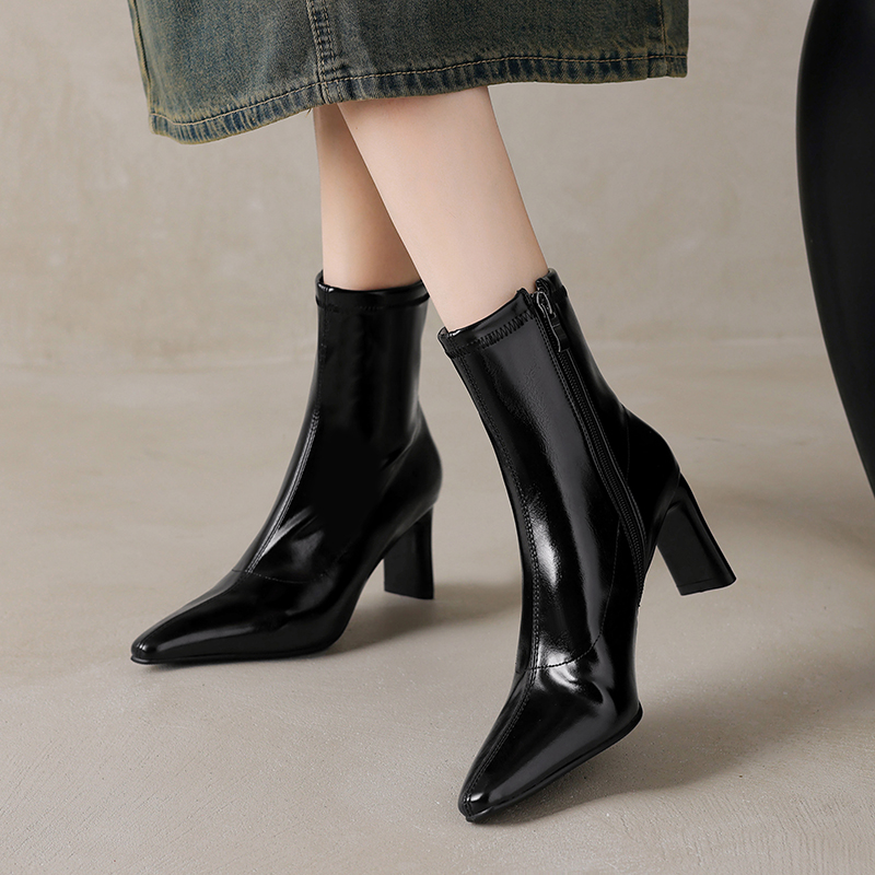 踩屎感~巨舒服！ins小众复古尖头粗跟弹力靴显瘦增高瘦瘦靴34-43