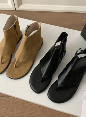 夏天也能穿短靴~洋气个性2025牛皮圆头露趾平底真皮人字夹趾凉靴