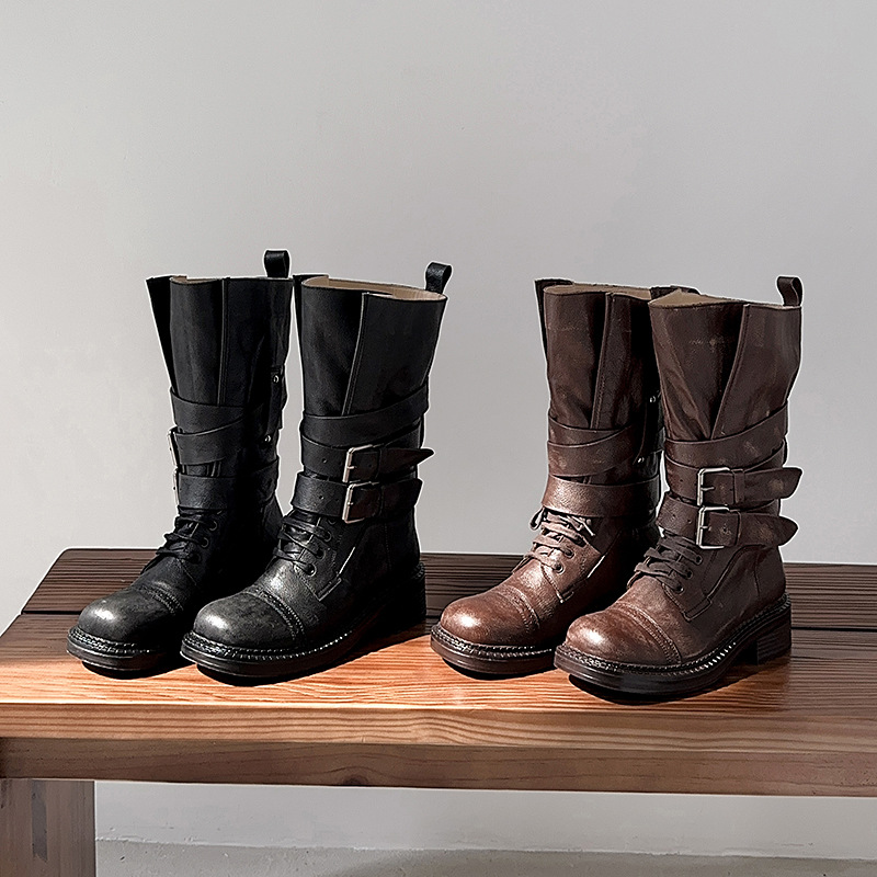 超酷皮带扣朋克风牛皮西部机车靴2025冬季粗中跟真皮中筒马丁靴女