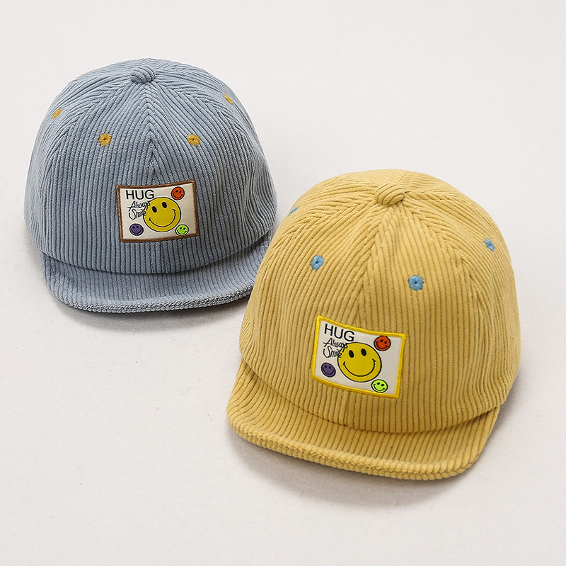 宝宝可爱笑脸帽子休闲灯芯绒鸭舌男女童短檐纯色婴儿帽子儿童造型