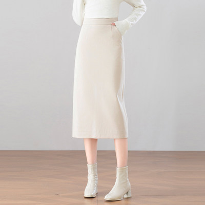 米白色职业通勤毛呢半身裙女秋冬2025新款中长款包臀裙直筒一步裙