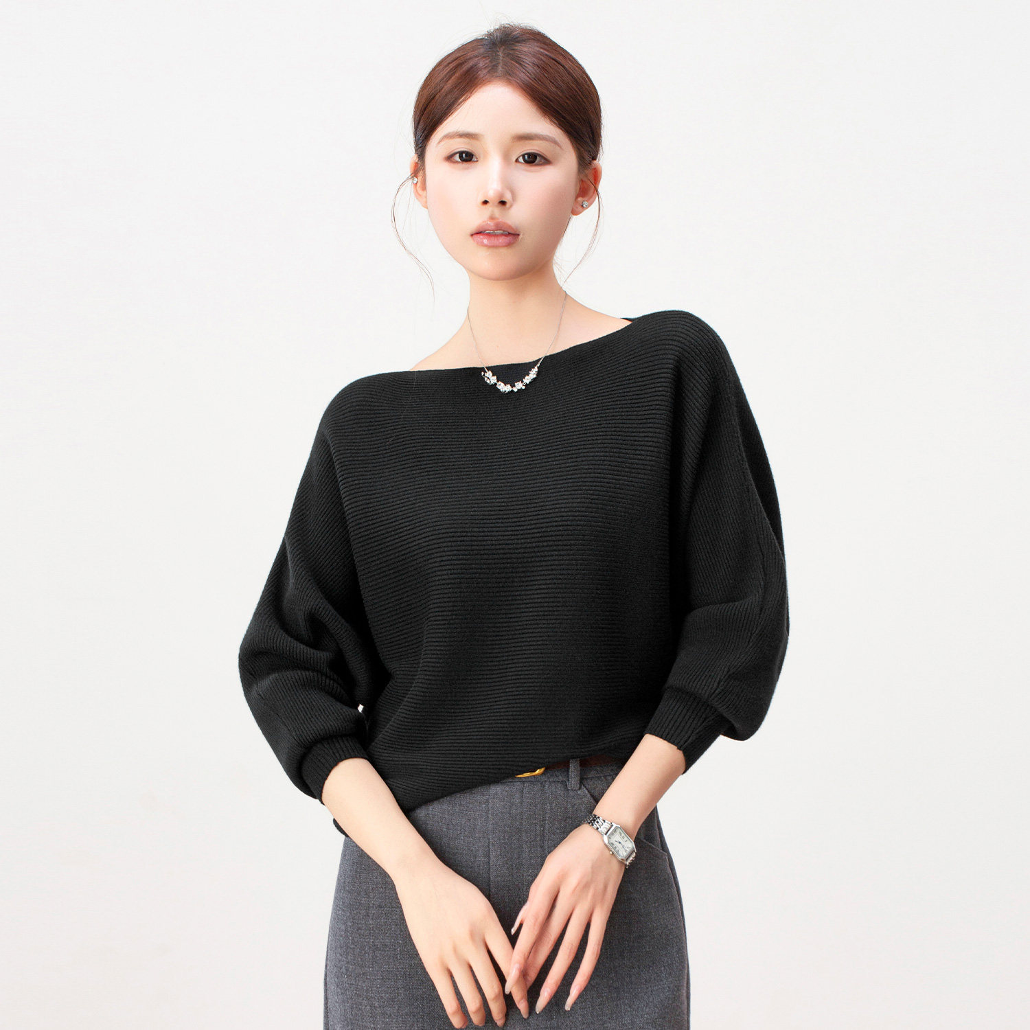 极简风一字领套头蝙蝠袖针织衫女2026春秋新款黑色宽松显瘦毛衣服