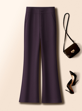 深紫色羊毛呢直筒喇叭裤女秋冬2025新款松紧腰休闲西裤微喇马蹄裤
