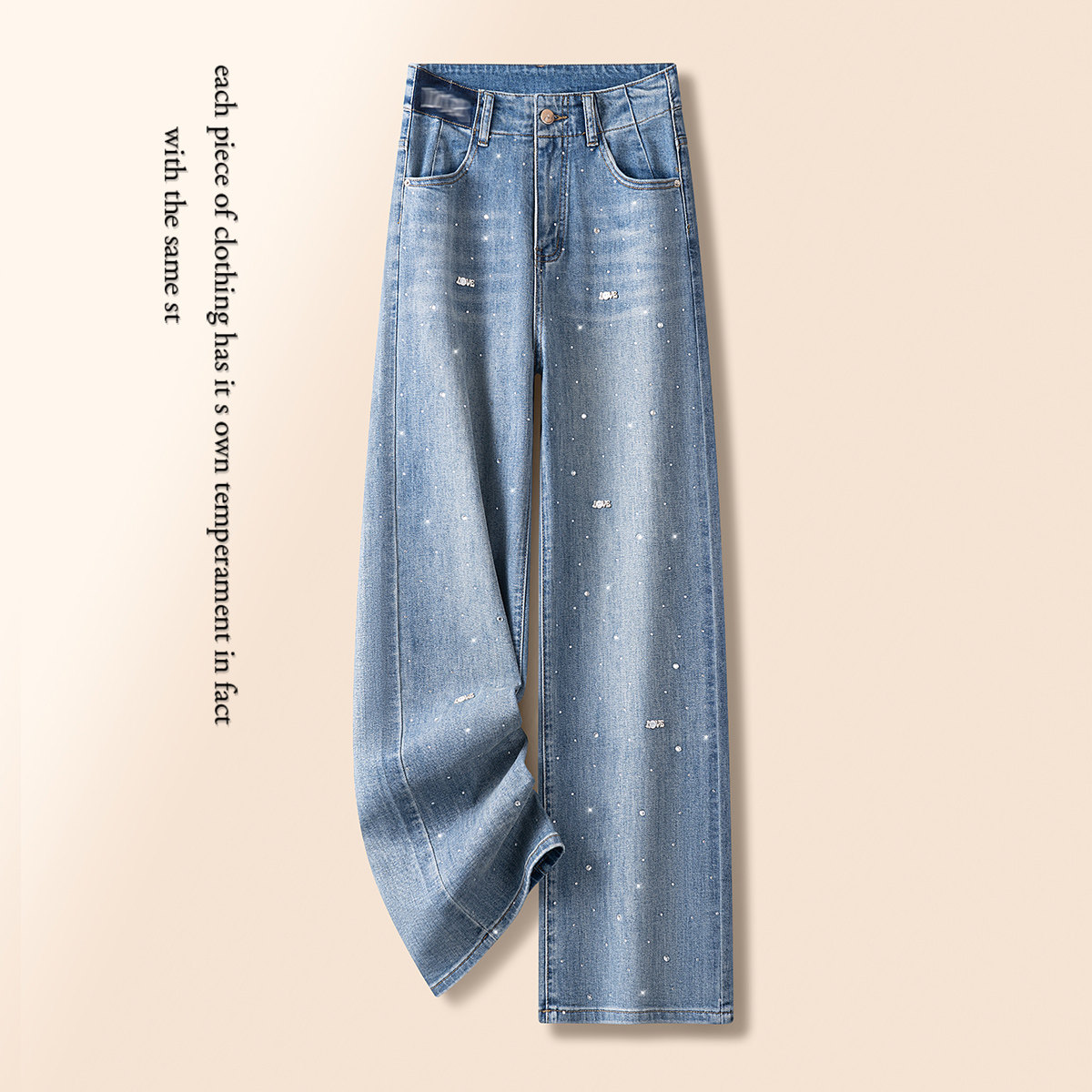 烫钻钉珠刺绣牛仔阔腿裤女夏季2025新款洗水棉弹力高腰休闲直筒裤,女装/女士精品,牛仔裤,淘宝优惠券,粉丝福利购,淘宝优惠卷
