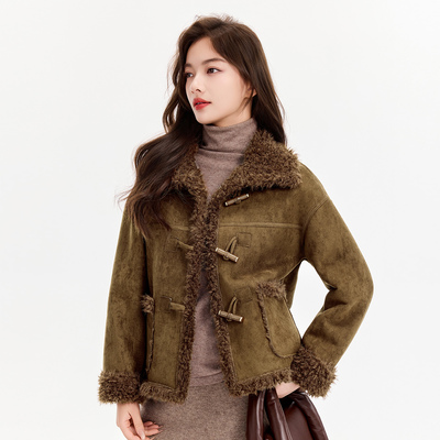 复古麂皮绒翻领短外套女冬季2025新款加厚保暖仿皮毛一体毛毛上衣