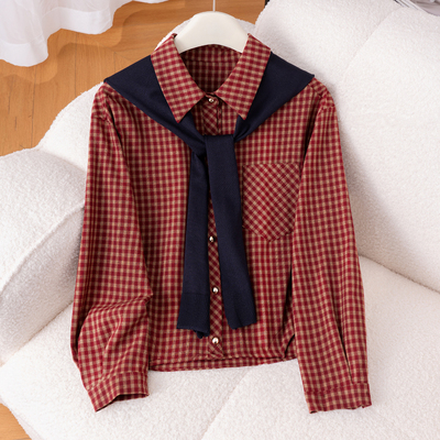 复古格纹披肩衬衫外套女春季2026年新款翻领显瘦百搭气质外穿上衣