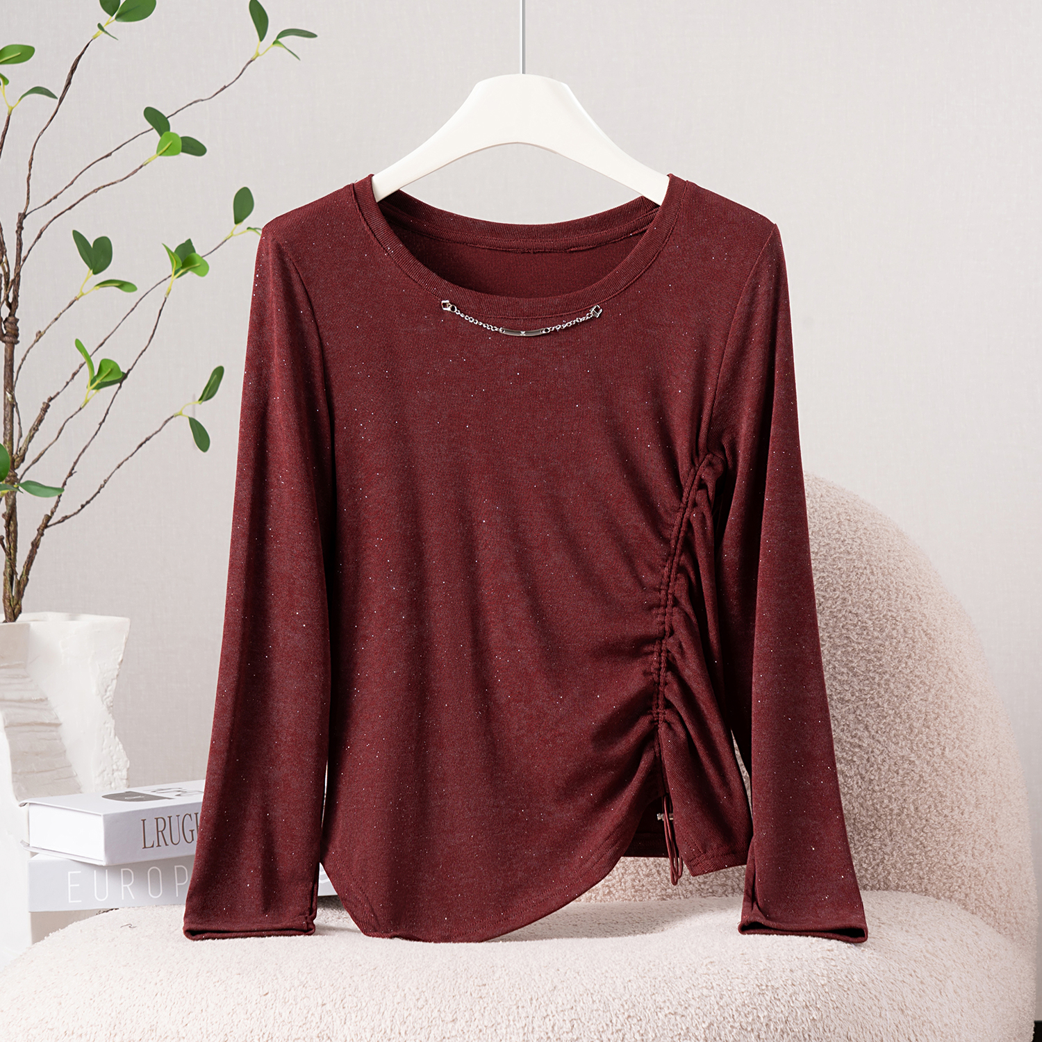 小众抽绳设计感长袖T恤女2025秋新款修身显瘦减龄圆领打底衫上衣