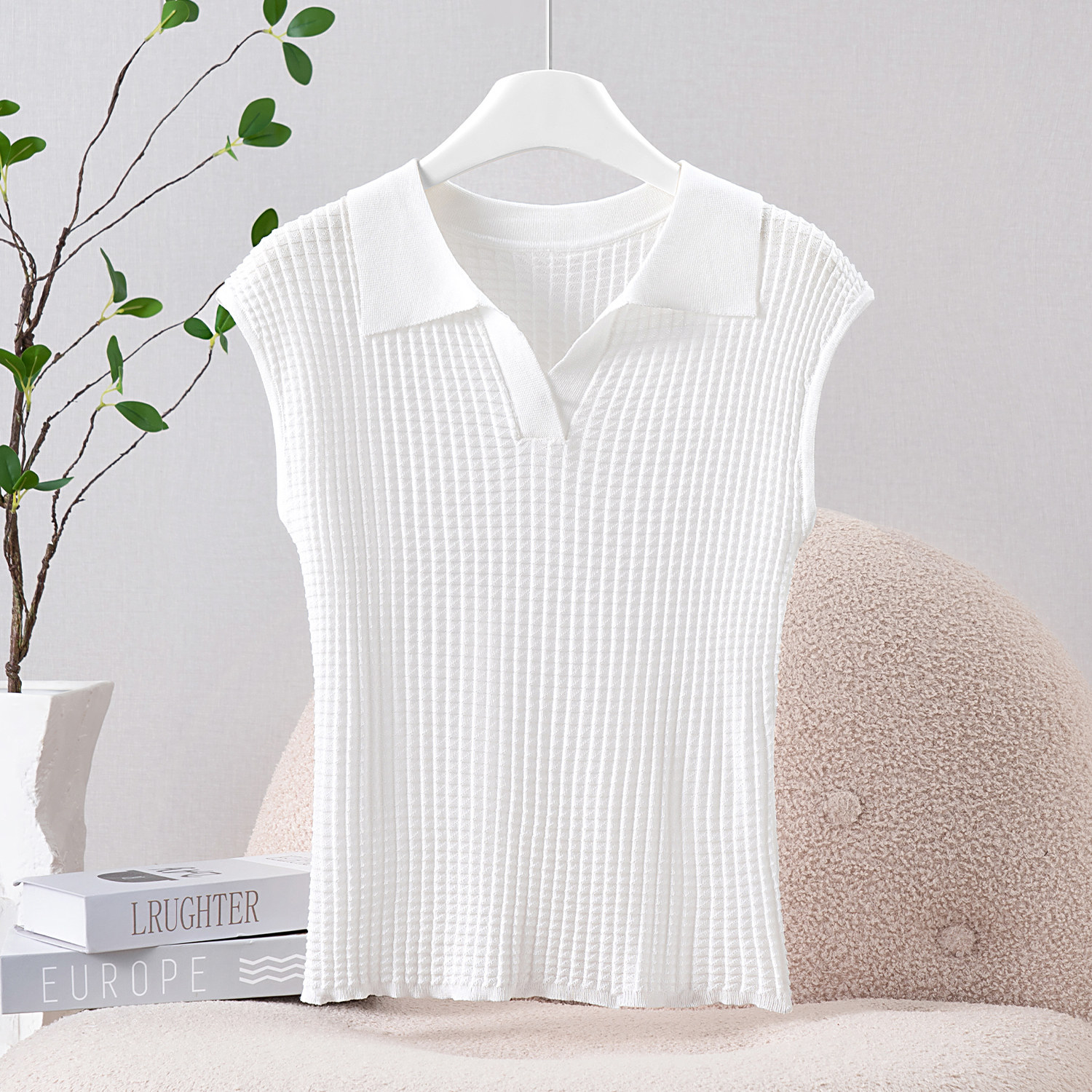 肌理感弹力针织小飞袖翻领背心女夏季2025年薄款纯色套头无袖上衣