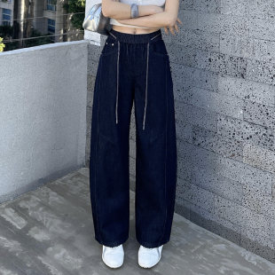 松紧腰宽松休闲镰刀长裤 2026新款 女春季 丹宁蓝系带阔腿弯刀牛仔裤