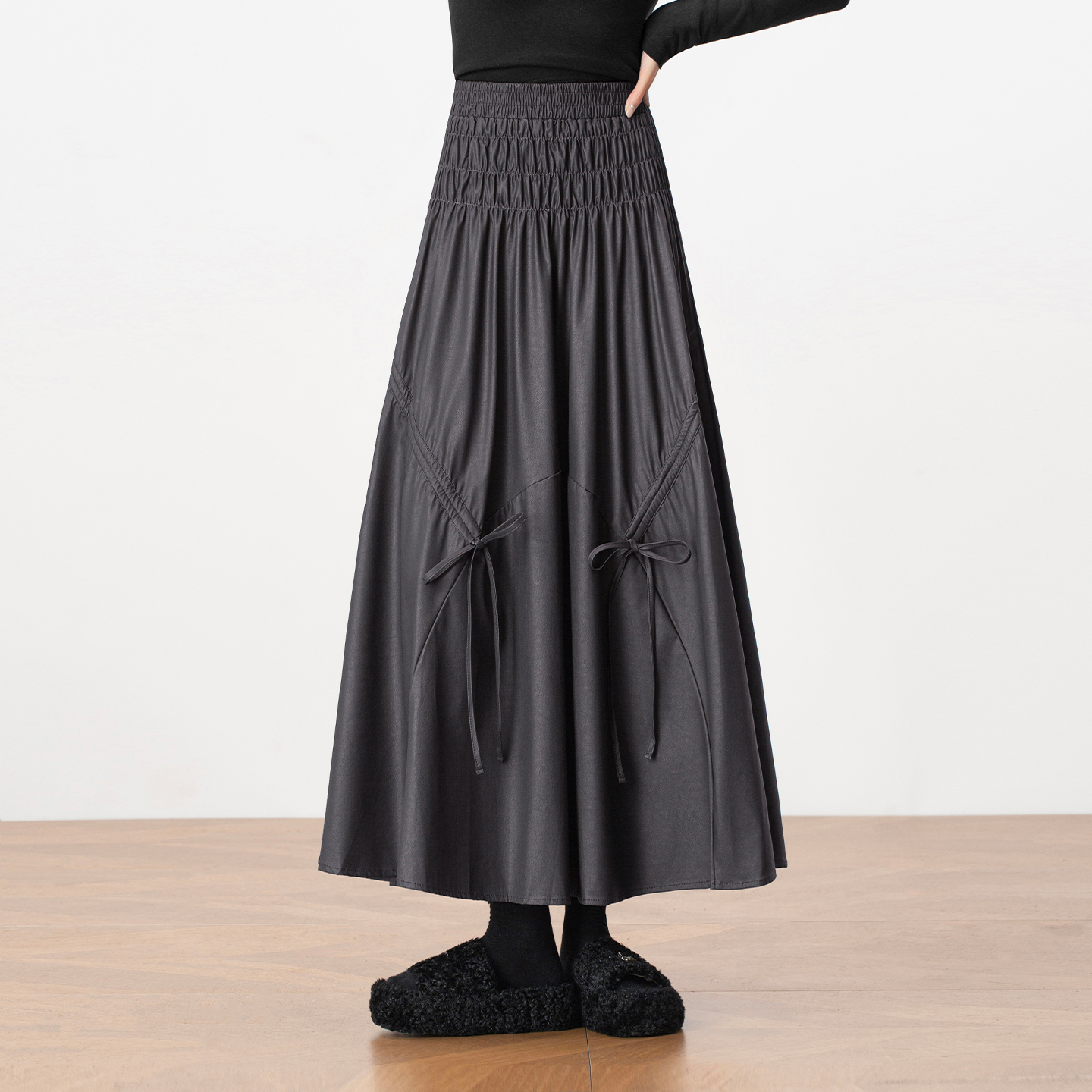 小众设计感抽绳PU皮半身裙女秋冬2025年新款A字长裙显瘦褶皱伞裙