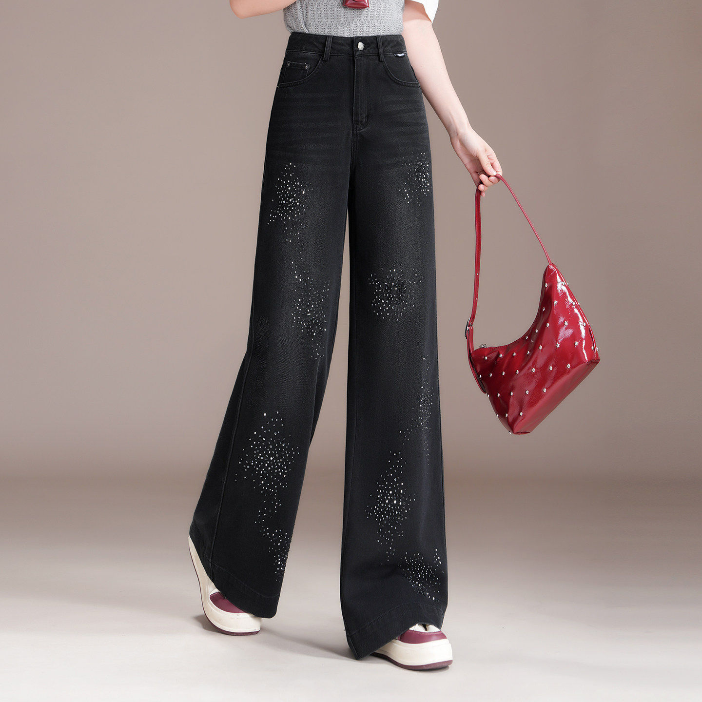 韩版潮流烫钻黑色阔腿裤牛仔长裤女2026春季新款高腰显瘦拖地裤,女装/女士精品,牛仔裤,淘宝优惠券,粉丝福利购,淘宝优惠卷