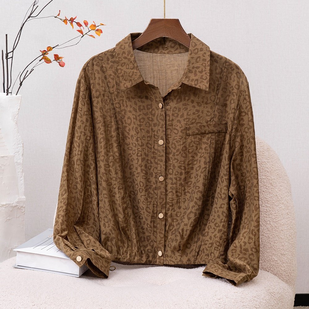 凉感天丝豹纹长袖衬衫上衣女早秋季2025新款收腰系带短款开衫外套,女装/女士精品,衬衫,淘宝优惠券,粉丝福利购,淘宝优惠卷