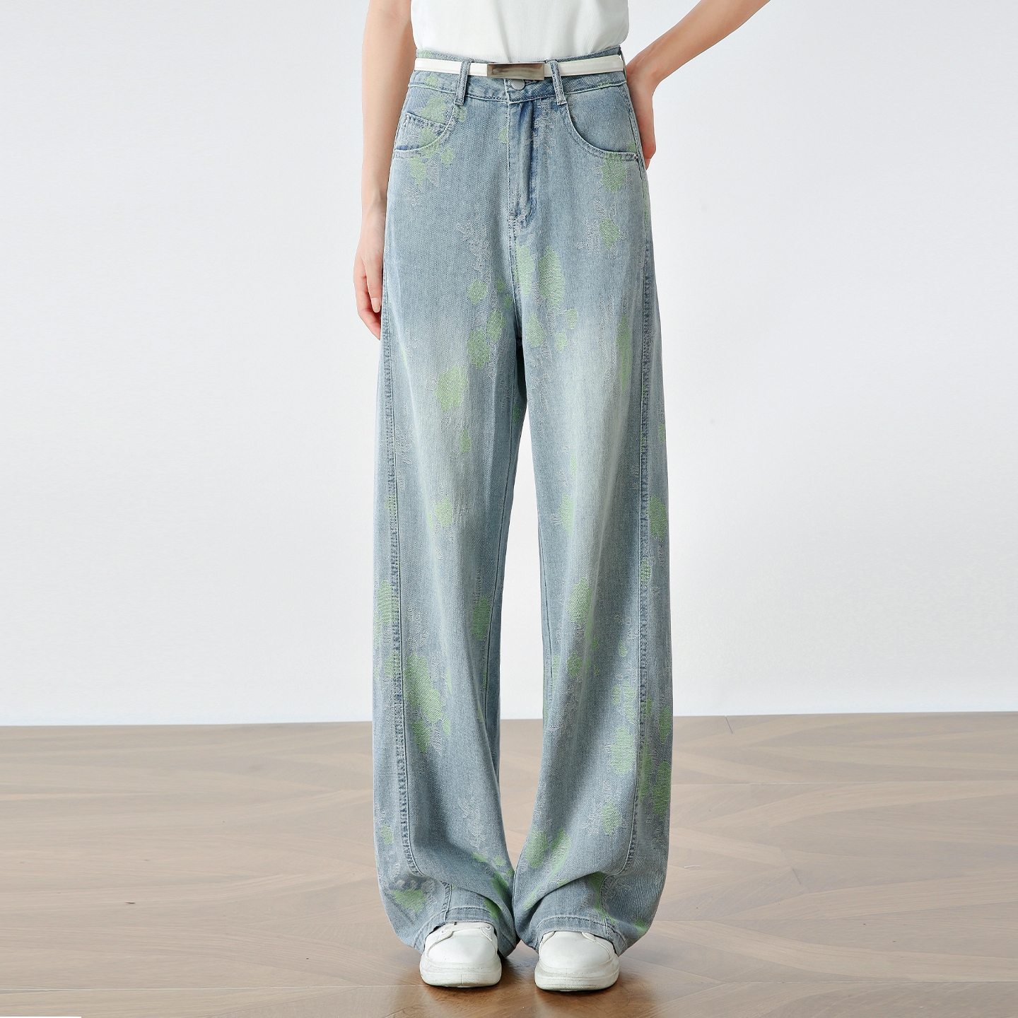 美式慵懒风印花牛仔裤直筒裤女夏季2025年新款宽松显瘦窄版阔腿裤